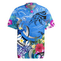 Aloha Hawaii Rugby Jersey Dolphins and Fish Hook Hibiscus DT02 Blue - Polynesian Pride