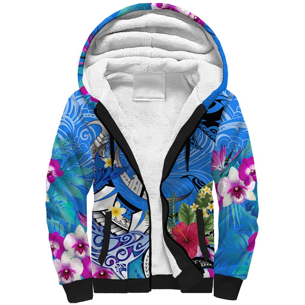 Aloha Hawaii Sherpa Hoodie Dolphins and Fish Hook Hibiscus DT02 Unisex Blue - Polynesian Pride