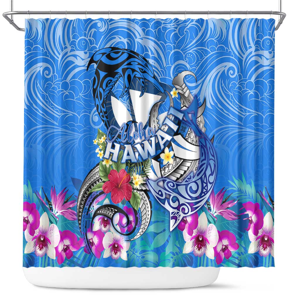 Aloha Hawaii Shower Curtain Dolphins and Fish Hook Hibiscus