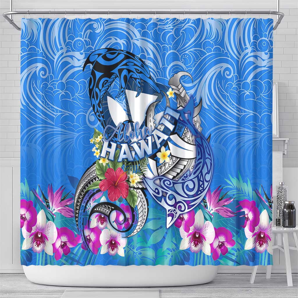 Aloha Hawaii Shower Curtain Dolphins and Fish Hook Hibiscus