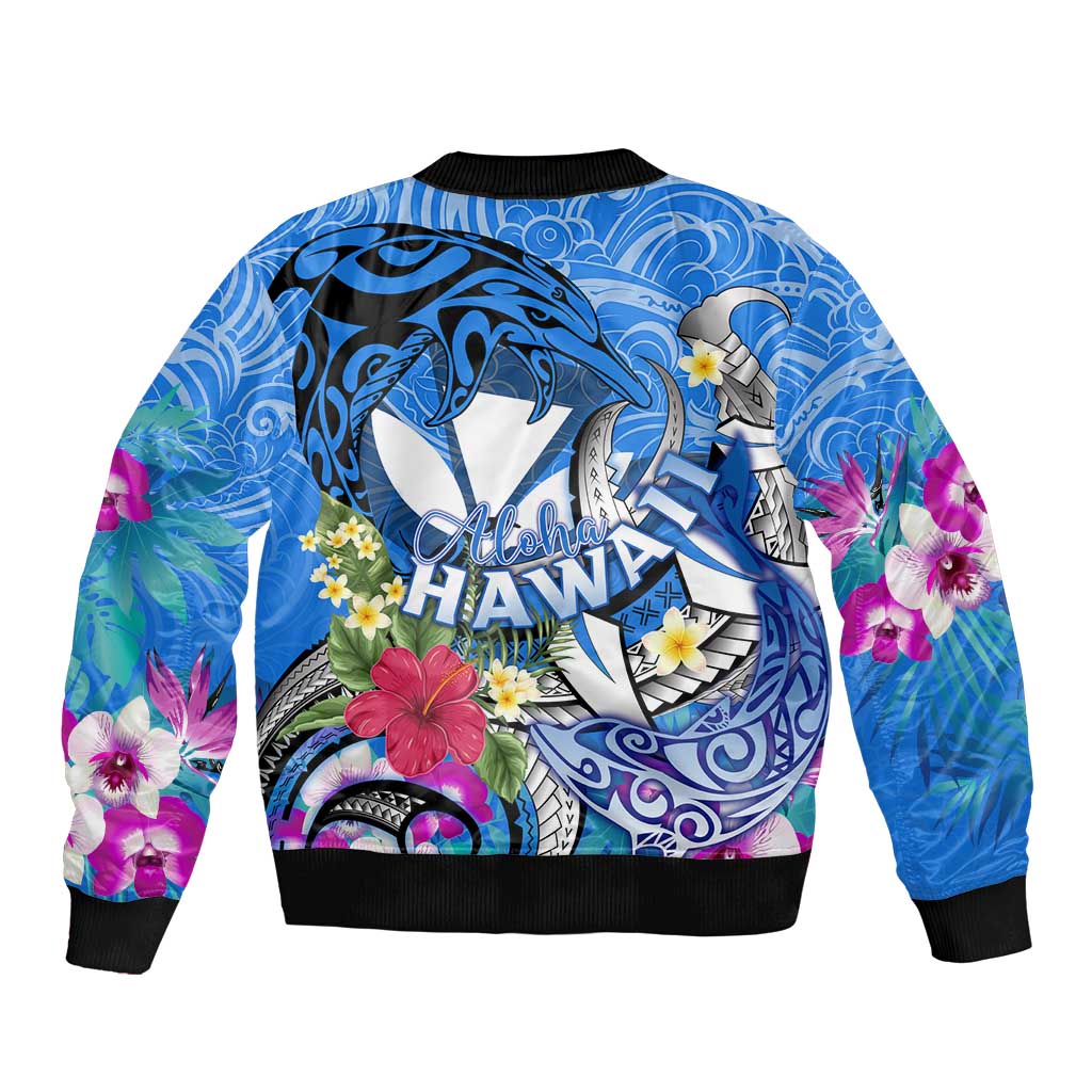 Aloha Hawaii Sleeve Zip Bomber Jacket Dolphins and Fish Hook Hibiscus