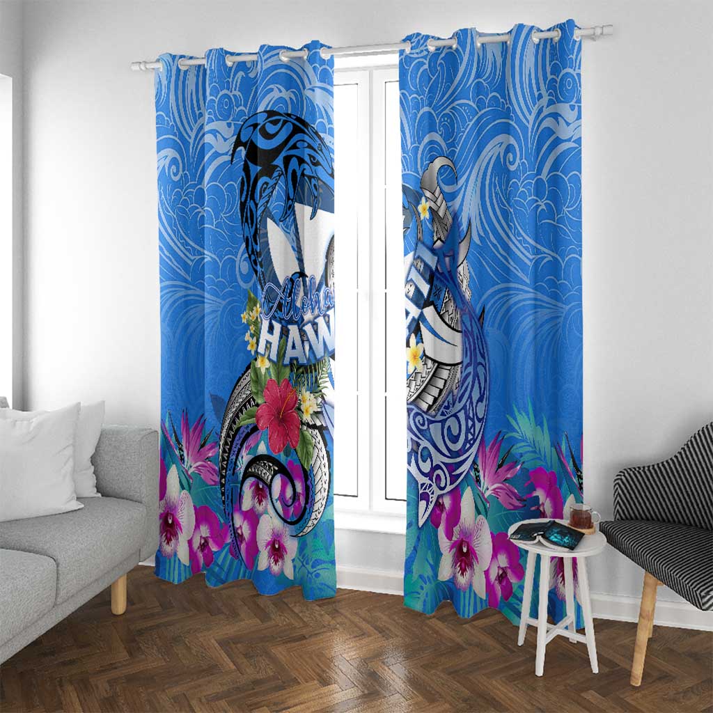 Aloha Hawaii Window Curtain Dolphins and Fish Hook Hibiscus DT02 With Grommets Blue - Polynesian Pride