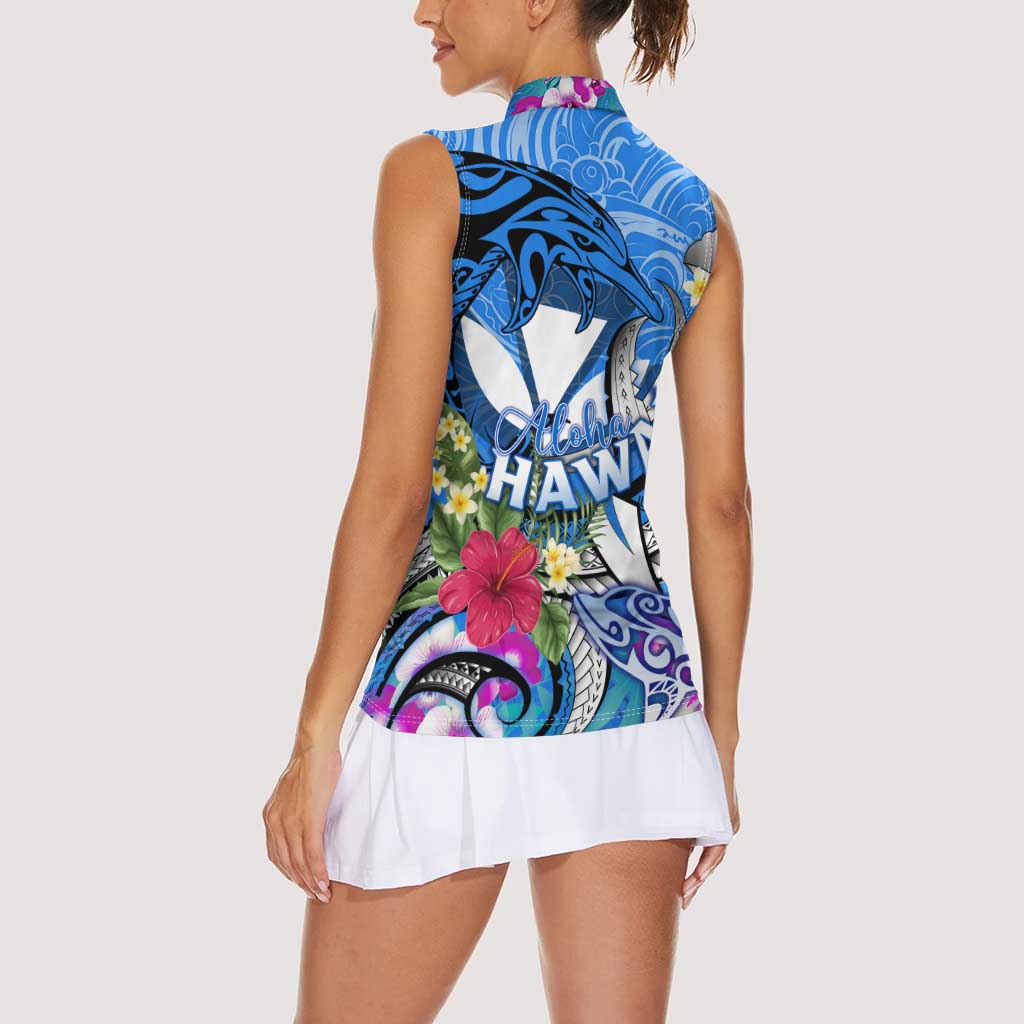 Aloha Hawaii Women Sleeveless Polo Shirt Dolphins and Fish Hook Hibiscus
