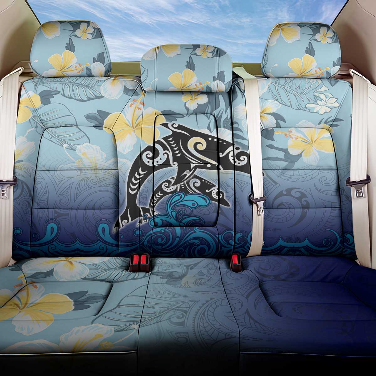 Mother And Baby Dolphins Back Car Seat Cover Hawaii Hibiscus