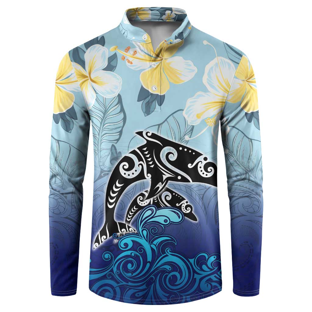 Mother And Baby Dolphins Button Sweatshirt Hawaii Hibiscus