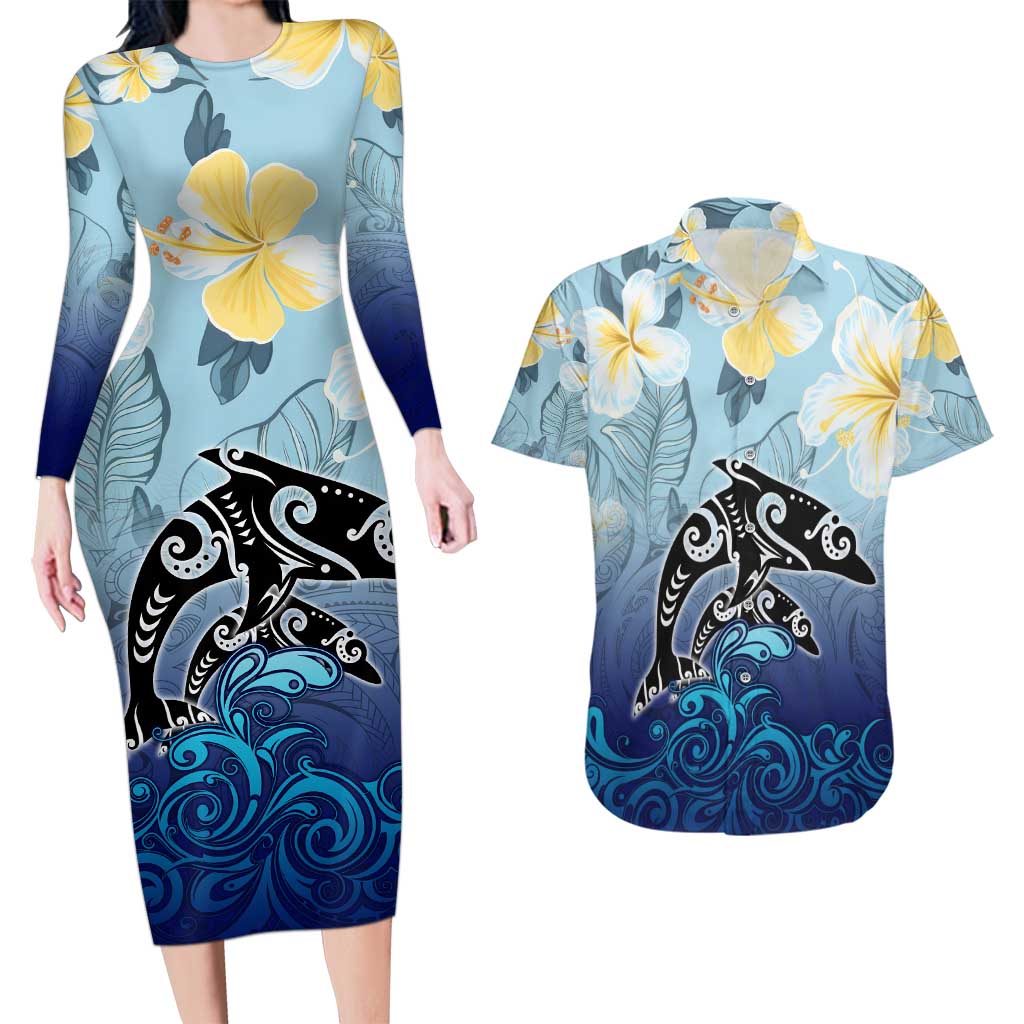 Mother And Baby Dolphins Couples Matching Long Sleeve Bodycon Dress and Hawaiian Shirt Hawaii Hibiscus