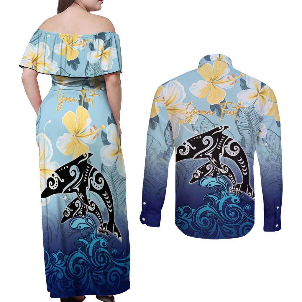Mother And Baby Dolphins Couples Matching Off Shoulder Maxi Dress and Long Sleeve Button Shirt Hawaii Hibiscus