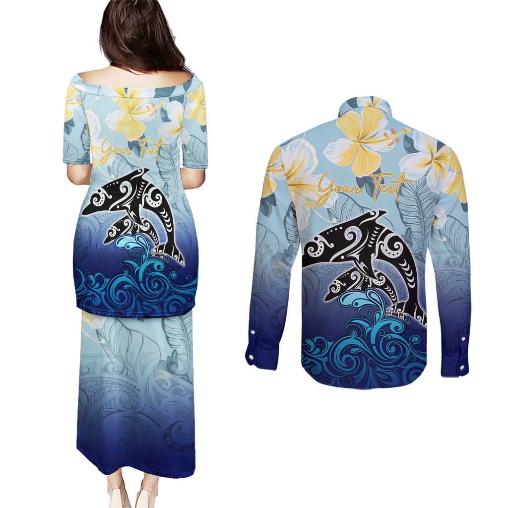 Mother And Baby Dolphins Couples Matching Puletasi and Long Sleeve Button Shirt Hawaii Hibiscus
