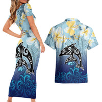 Mother And Baby Dolphins Couples Matching Short Sleeve Bodycon Dress and Hawaiian Shirt Hawaii Hibiscus