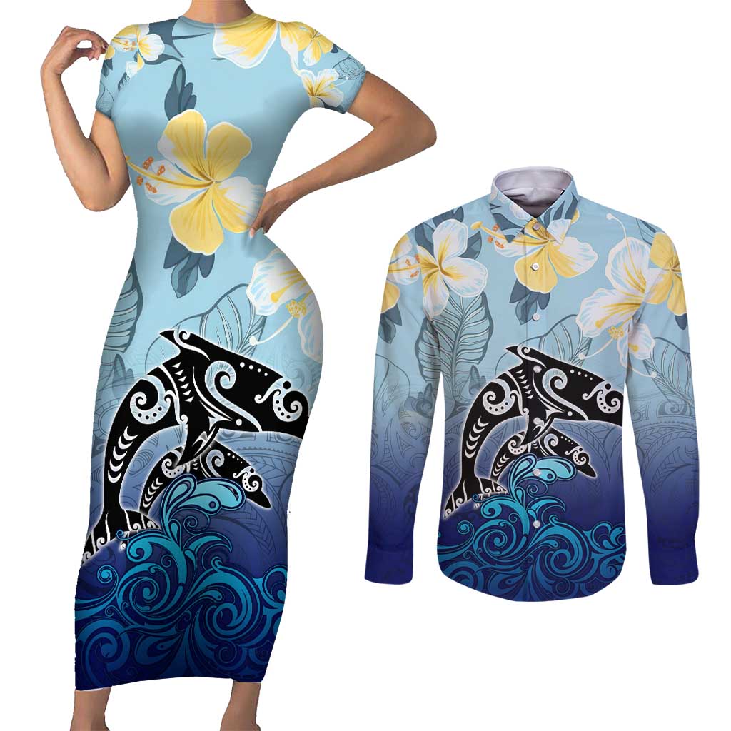 Mother And Baby Dolphins Couples Matching Short Sleeve Bodycon Dress and Long Sleeve Button Shirt Hawaii Hibiscus