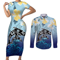 Mother And Baby Dolphins Couples Matching Short Sleeve Bodycon Dress and Long Sleeve Button Shirt Hawaii Hibiscus
