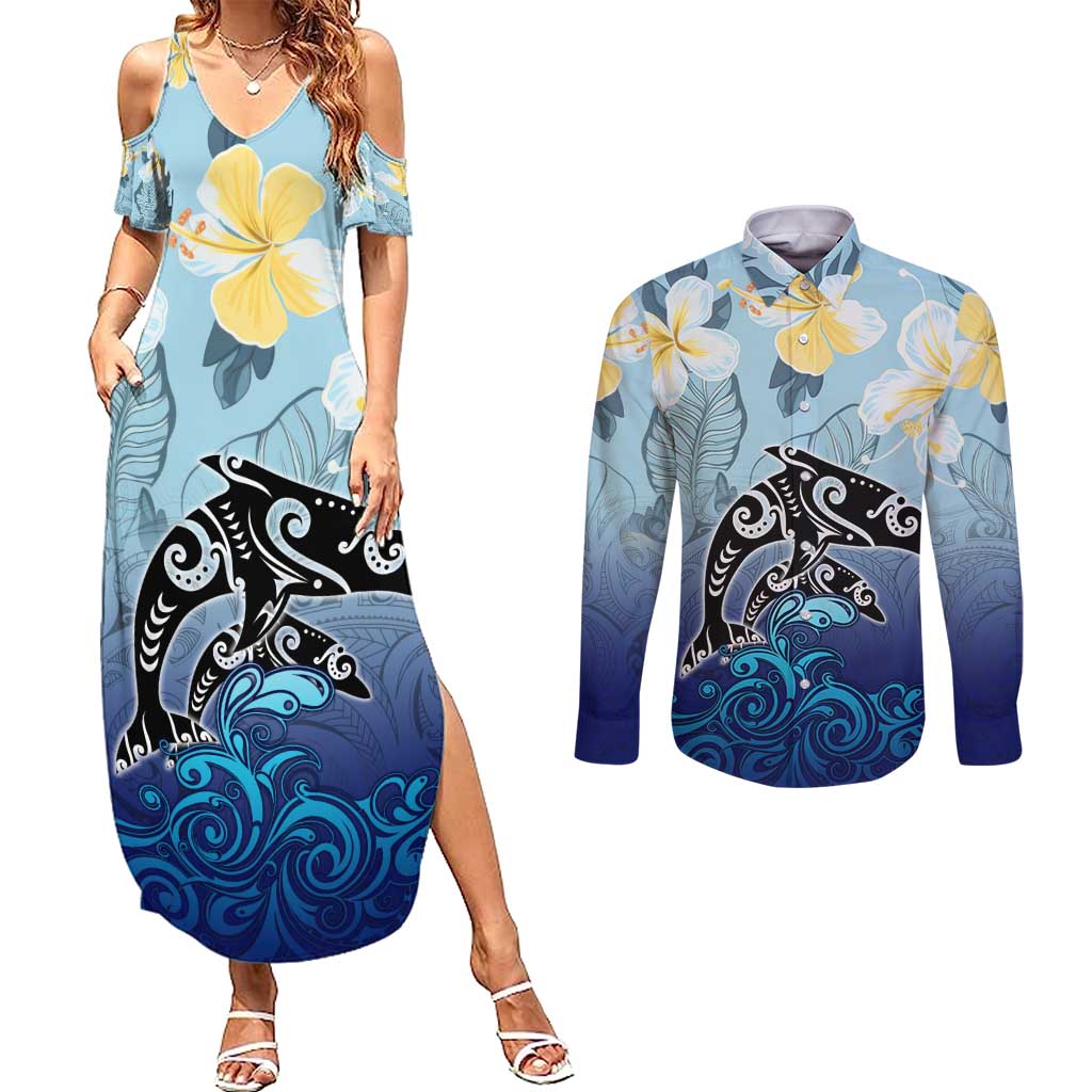 Mother And Baby Dolphins Couples Matching Summer Maxi Dress and Long Sleeve Button Shirt Hawaii Hibiscus