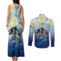 Mother And Baby Dolphins Couples Matching Tank Maxi Dress and Long Sleeve Button Shirt Hawaii Hibiscus