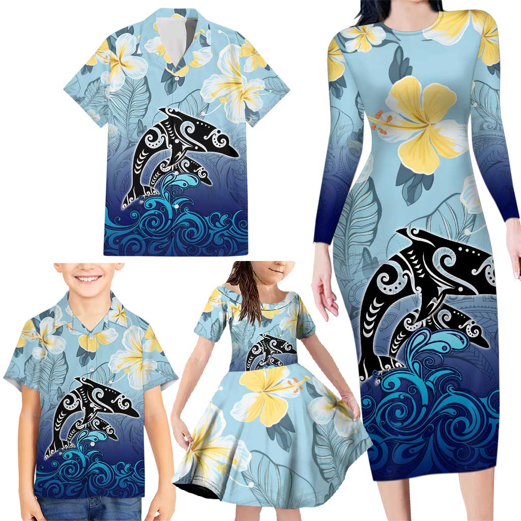 Mother And Baby Dolphins Family Matching Long Sleeve Bodycon Dress and Hawaiian Shirt Hawaii Hibiscus