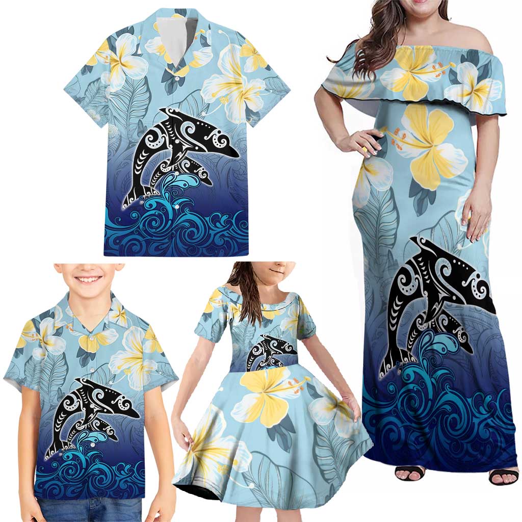 Mother And Baby Dolphins Family Matching Off Shoulder Maxi Dress and Hawaiian Shirt Hawaii Hibiscus