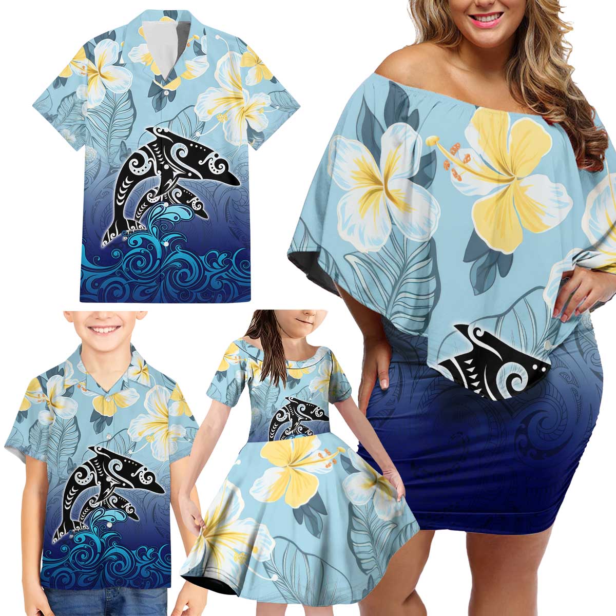 Mother And Baby Dolphins Family Matching Off Shoulder Short Dress and Hawaiian Shirt Hawaii Hibiscus