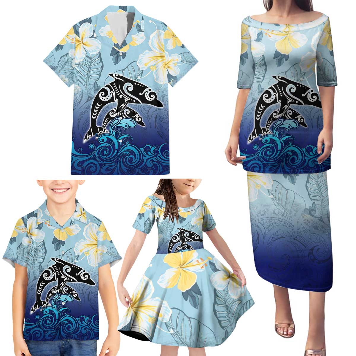 Mother And Baby Dolphins Family Matching Puletasi and Hawaiian Shirt Hawaii Hibiscus