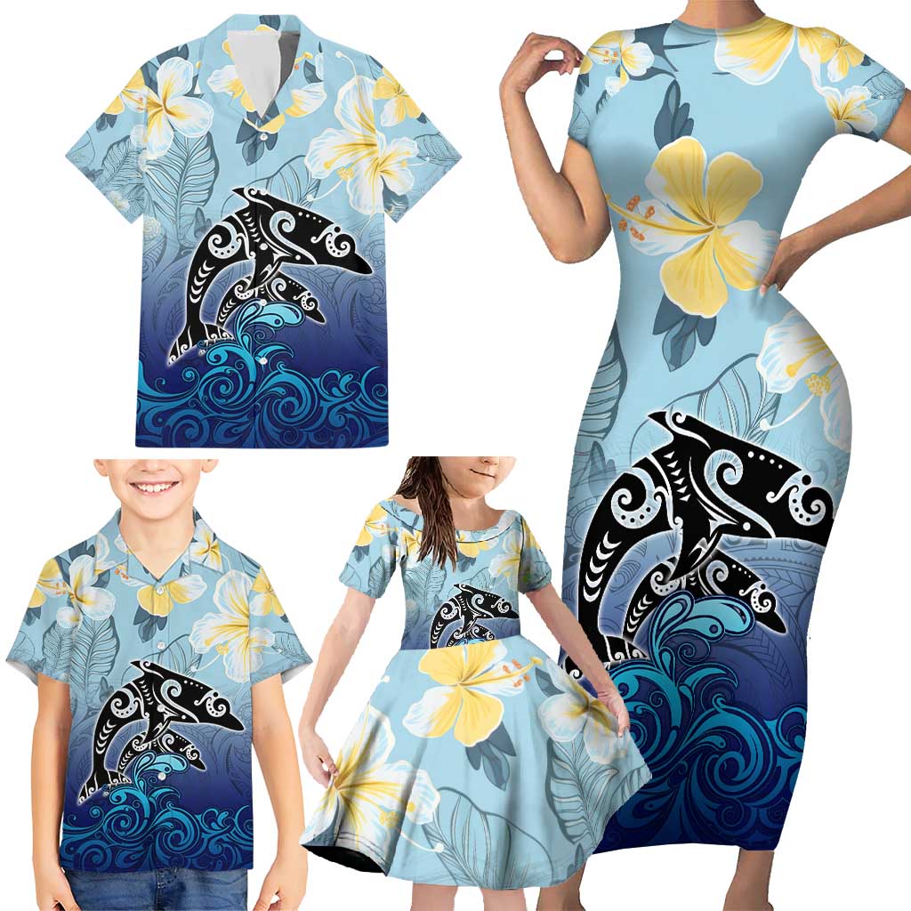 Mother And Baby Dolphins Family Matching Short Sleeve Bodycon Dress and Hawaiian Shirt Hawaii Hibiscus