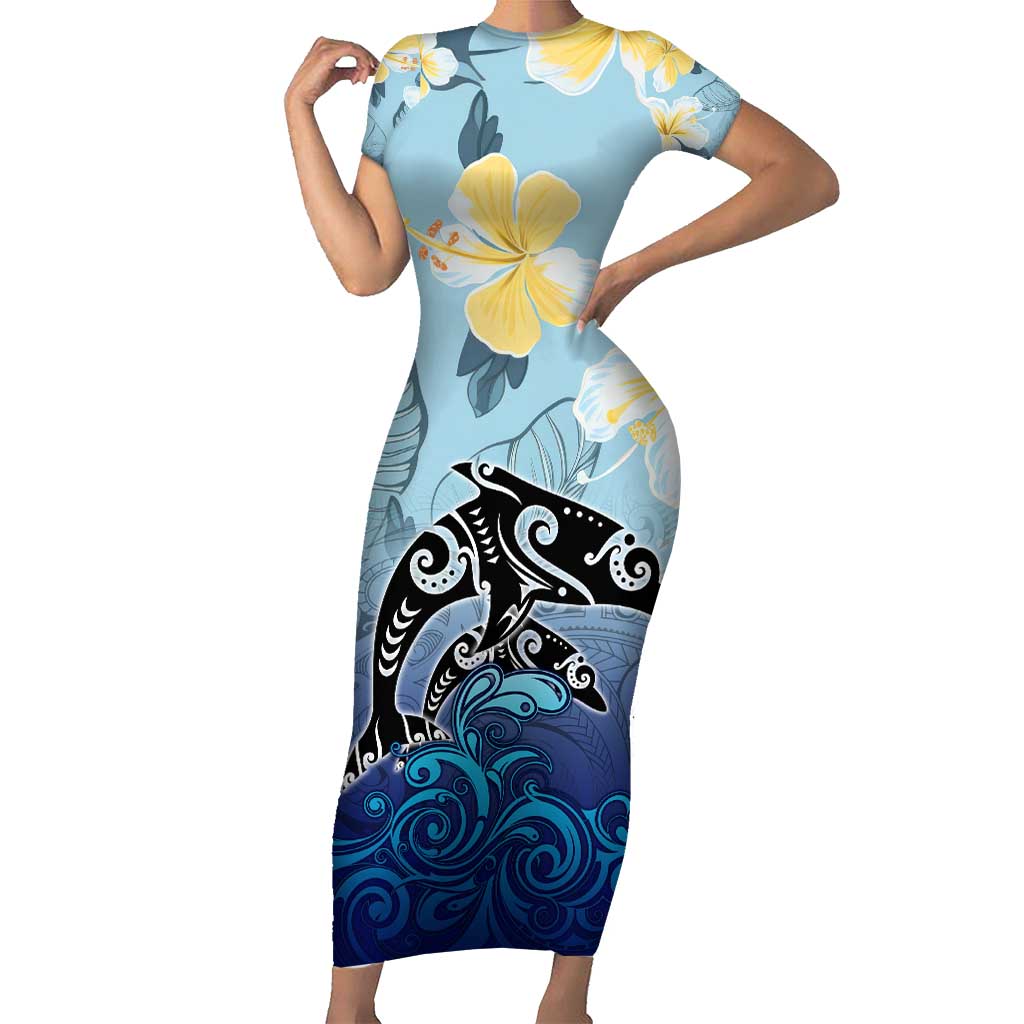 Mother And Baby Dolphins Family Matching Short Sleeve Bodycon Dress and Hawaiian Shirt Hawaii Hibiscus