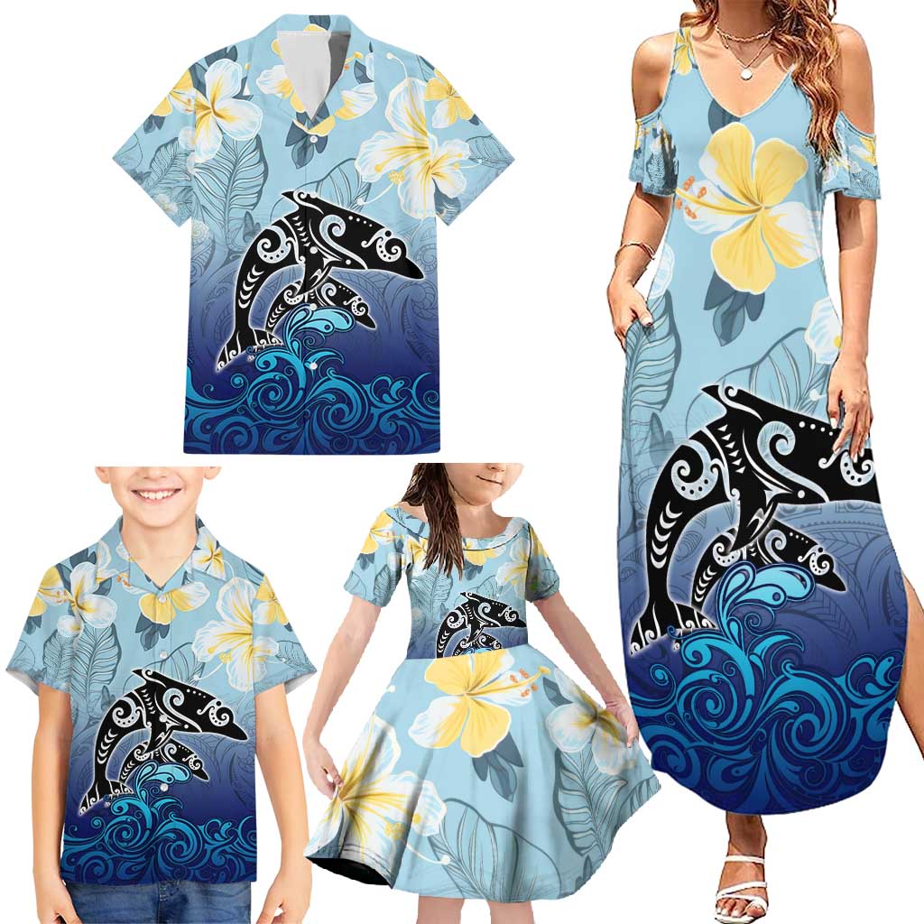 Mother And Baby Dolphins Family Matching Summer Maxi Dress and Hawaiian Shirt Hawaii Hibiscus