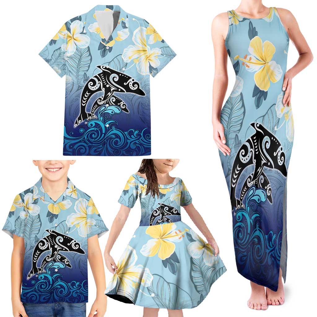 Mother And Baby Dolphins Family Matching Tank Maxi Dress and Hawaiian Shirt Hawaii Hibiscus