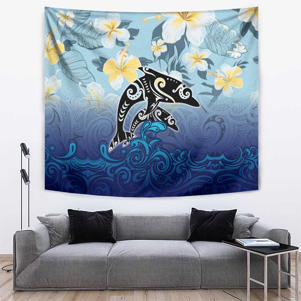 Mother And Baby Dolphins Tapestry Hawaii Hibiscus