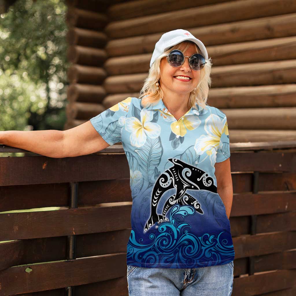 Mother And Baby Dolphins Women Polo Shirt Hawaii Hibiscus
