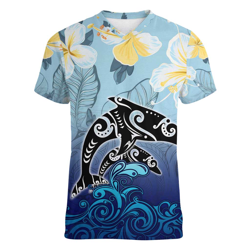 Mother And Baby Dolphins Women V-Neck T-Shirt Hawaii Hibiscus