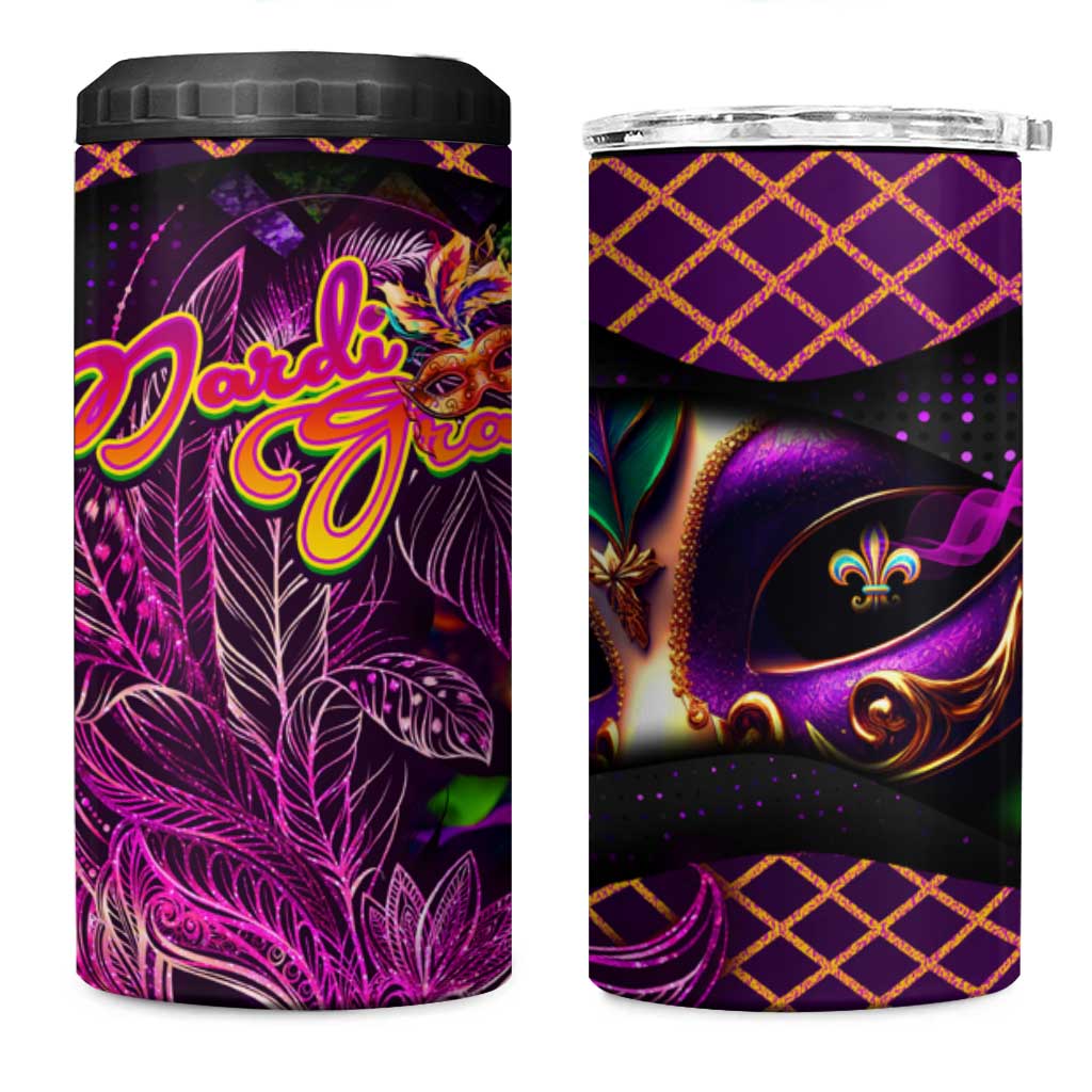 Happy Mardi Gras 4 in 1 Can Cooler Tumbler Mask Feather Colorfull DT02 One Size: 16 oz Purple - Polynesian Pride