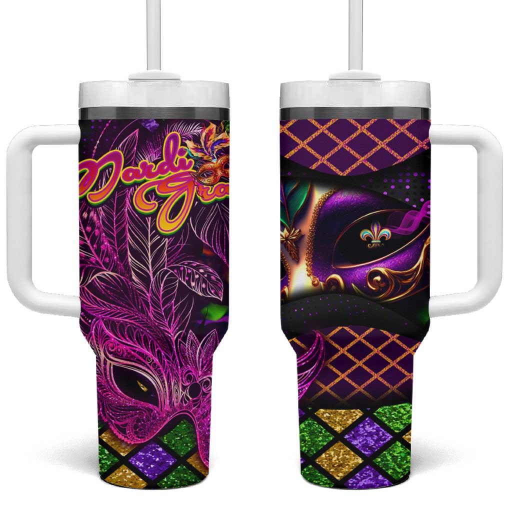 Happy Mardi Gras Tumbler With Handle Mask Feather Colorfull DT02 One Size: 40 oz Purple - Polynesian Pride
