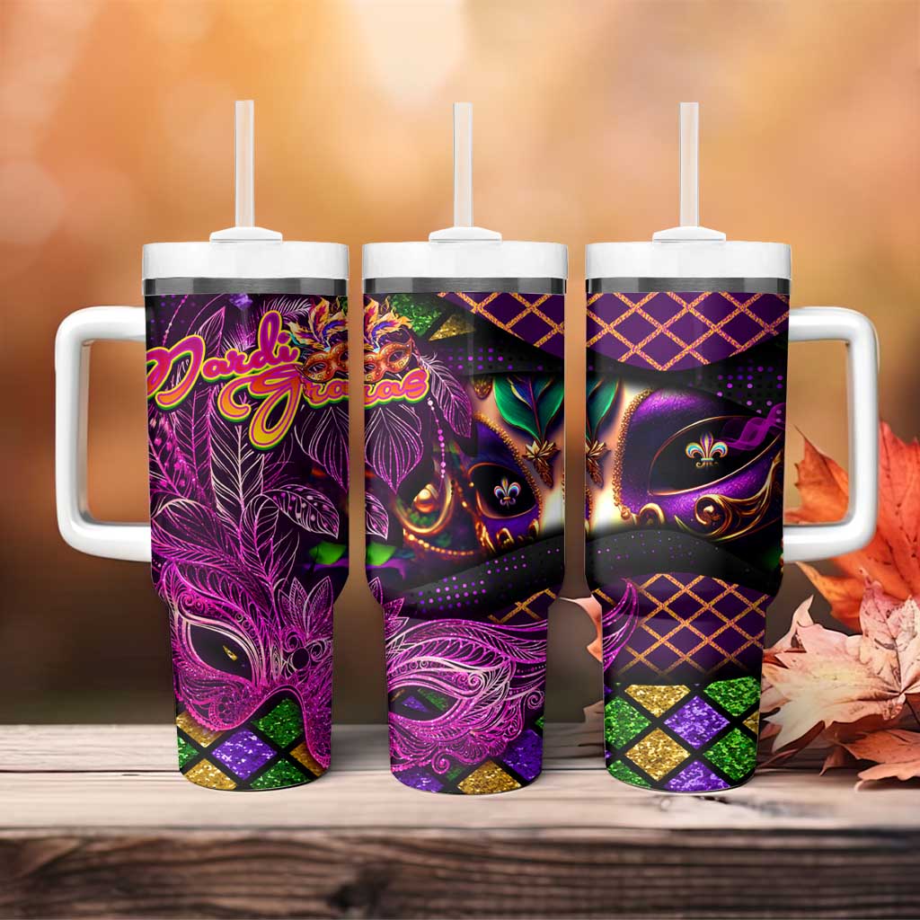 Happy Mardi Gras Tumbler With Handle Mask Feather Colorfull DT02 - Polynesian Pride