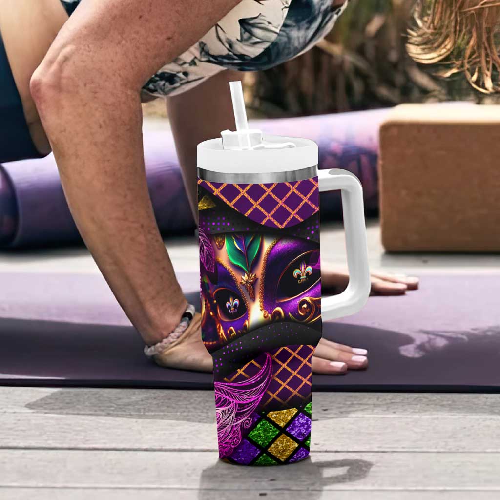 Happy Mardi Gras Tumbler With Handle Mask Feather Colorfull DT02 - Polynesian Pride