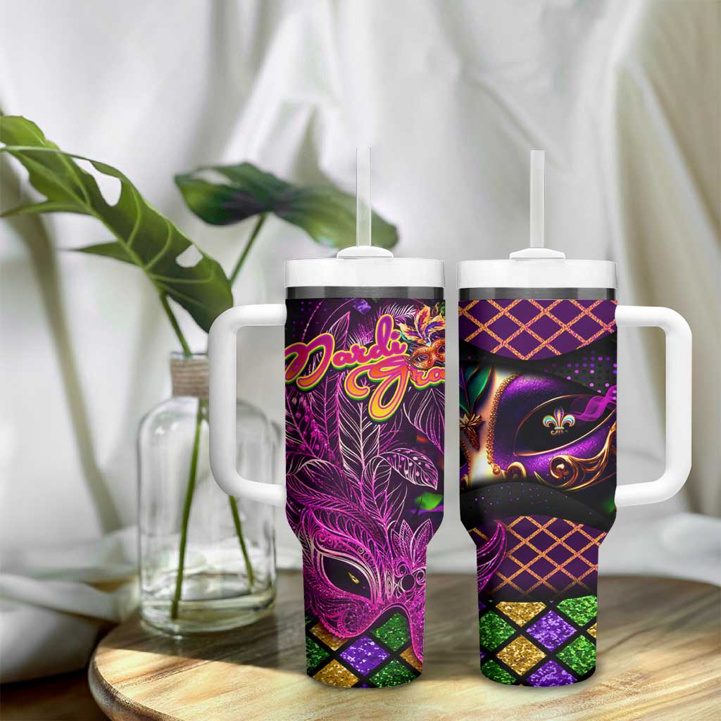 Happy Mardi Gras Tumbler With Handle Mask Feather Colorfull DT02 - Polynesian Pride