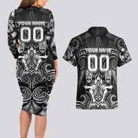 Personalized All Black Couples Matching Long Sleeve Bodycon Dress and Hawaiian Shirt New Zealand Rugby Mascot Maori