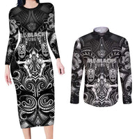 Personalized All Black Couples Matching Long Sleeve Bodycon Dress and Long Sleeve Button Shirt New Zealand Rugby Mascot Maori