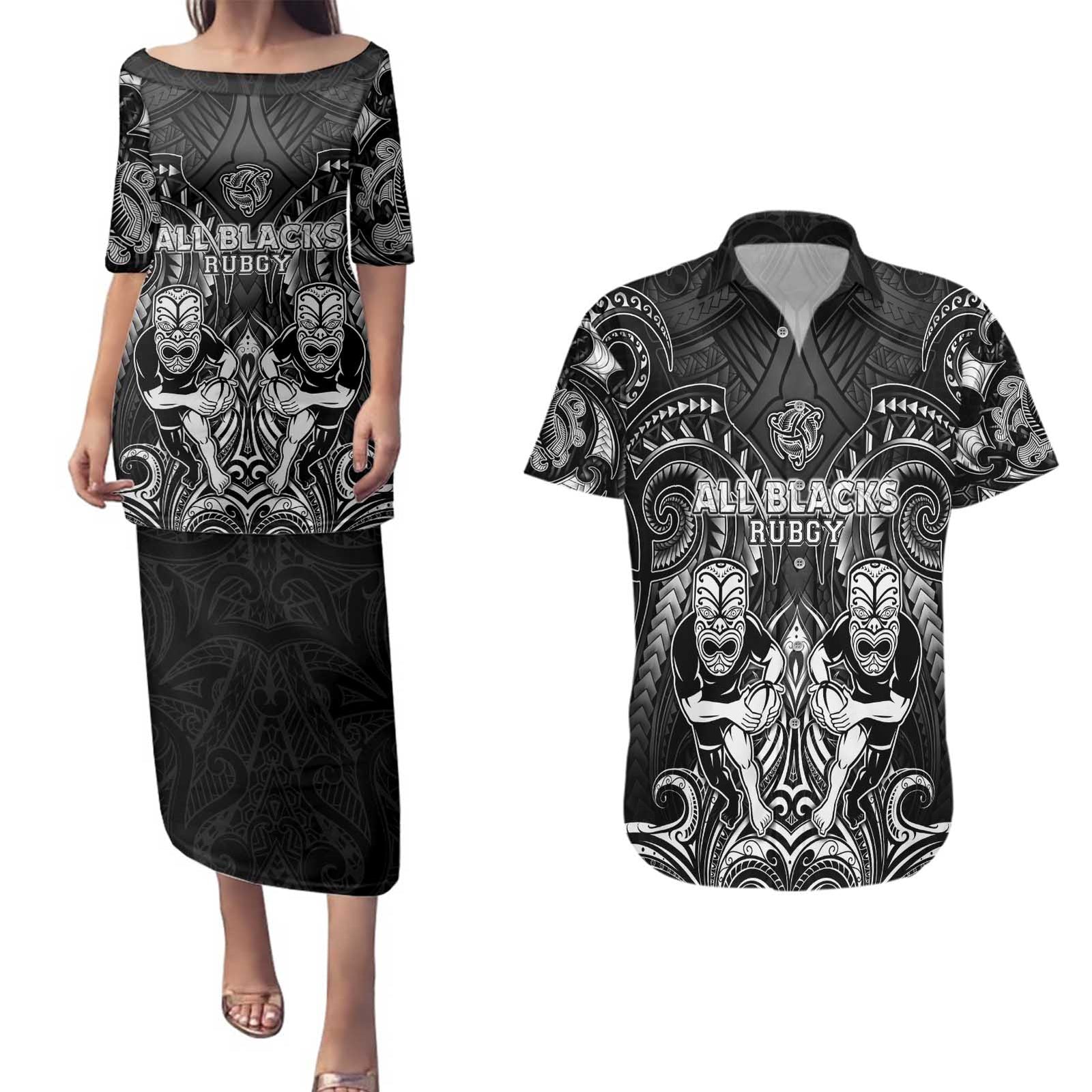 Personalized All Black Couples Matching Puletasi and Hawaiian Shirt New Zealand Rugby Mascot Maori
