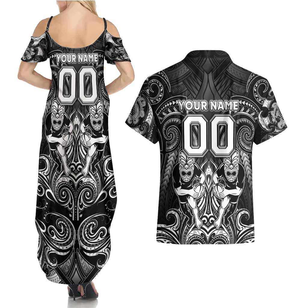 Personalized All Black Couples Matching Summer Maxi Dress and Hawaiian Shirt New Zealand Rugby Mascot Maori