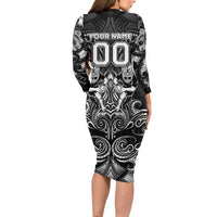 Personalized All Black Long Sleeve Bodycon Dress New Zealand Rugby Mascot Maori