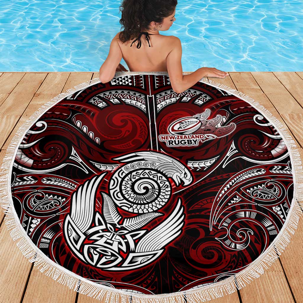 New Zealand Aotearoa Rugby Beach Blanket Maori Fern Tattoo Art