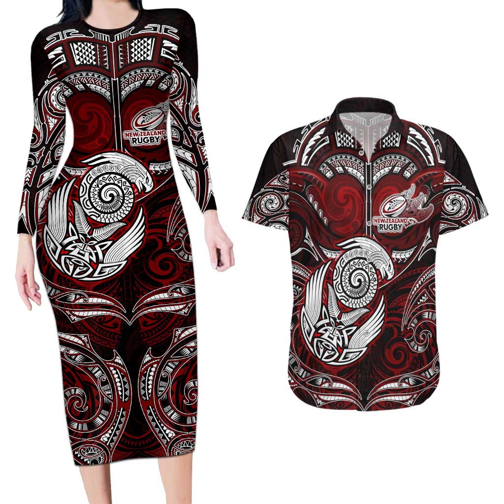 Personalized New Zealand Aotearoa Rugby Couples Matching Long Sleeve Bodycon Dress and Hawaiian Shirt Maori Fern Tattoo Art