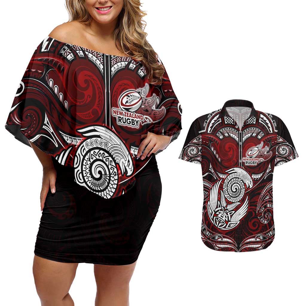 Personalized New Zealand Aotearoa Rugby Couples Matching Off Shoulder Short Dress and Hawaiian Shirt Maori Fern Tattoo Art