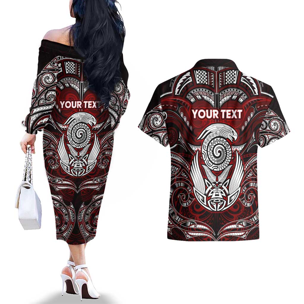 Personalized New Zealand Aotearoa Rugby Couples Matching Off The Shoulder Long Sleeve Dress and Hawaiian Shirt Maori Fern Tattoo Art