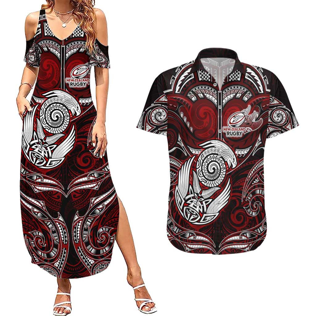 Personalized New Zealand Aotearoa Rugby Couples Matching Summer Maxi Dress and Hawaiian Shirt Maori Fern Tattoo Art