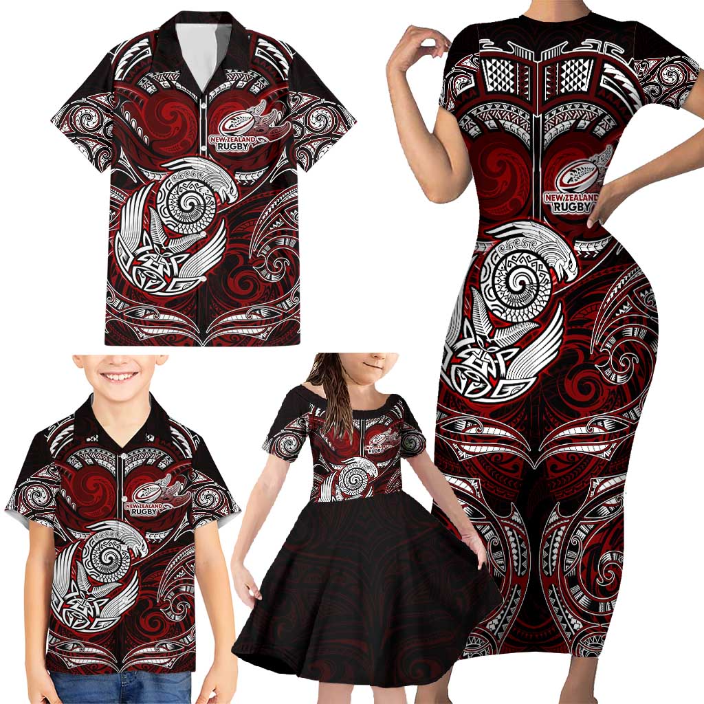 Personalized New Zealand Aotearoa Rugby Family Matching Short Sleeve Bodycon Dress and Hawaiian Shirt Maori Fern Tattoo Art