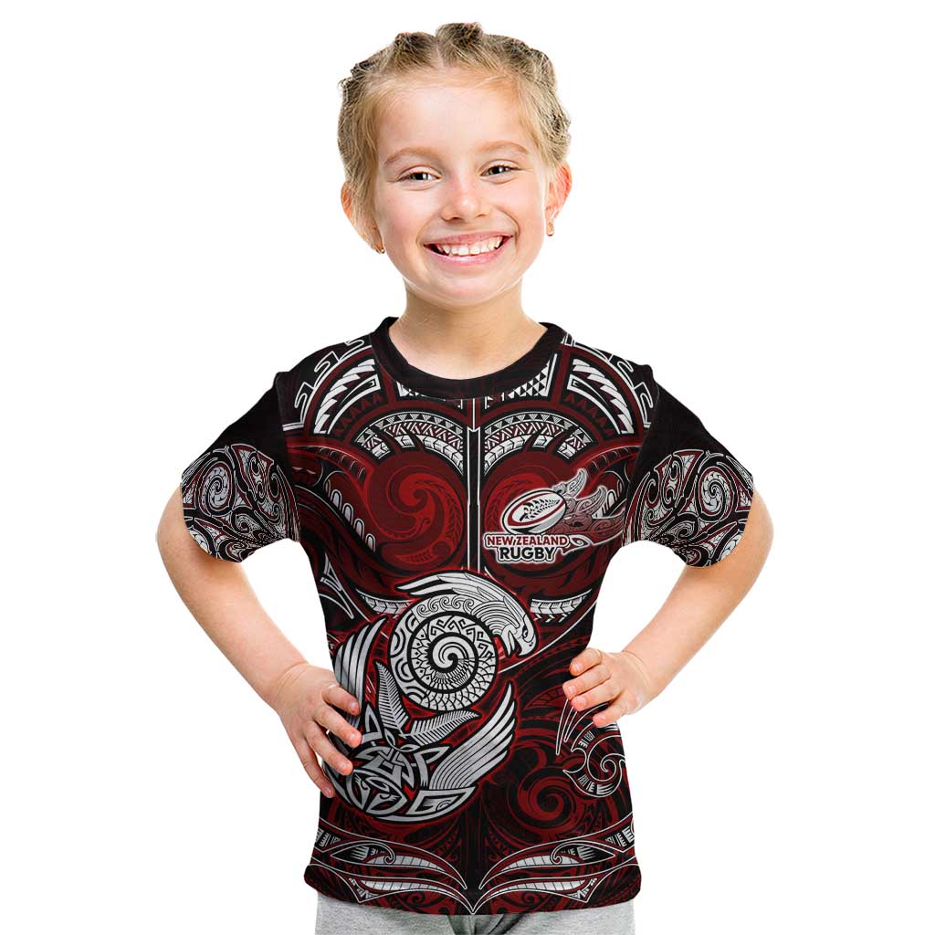 Personalized New Zealand Aotearoa Rugby Kid T Shirt Maori Fern Tattoo Art