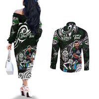 Personalized NZ Aotearoa Rugby Couples Matching Off The Shoulder Long Sleeve Dress and Long Sleeve Button Shirt New Zealand Silver Fern