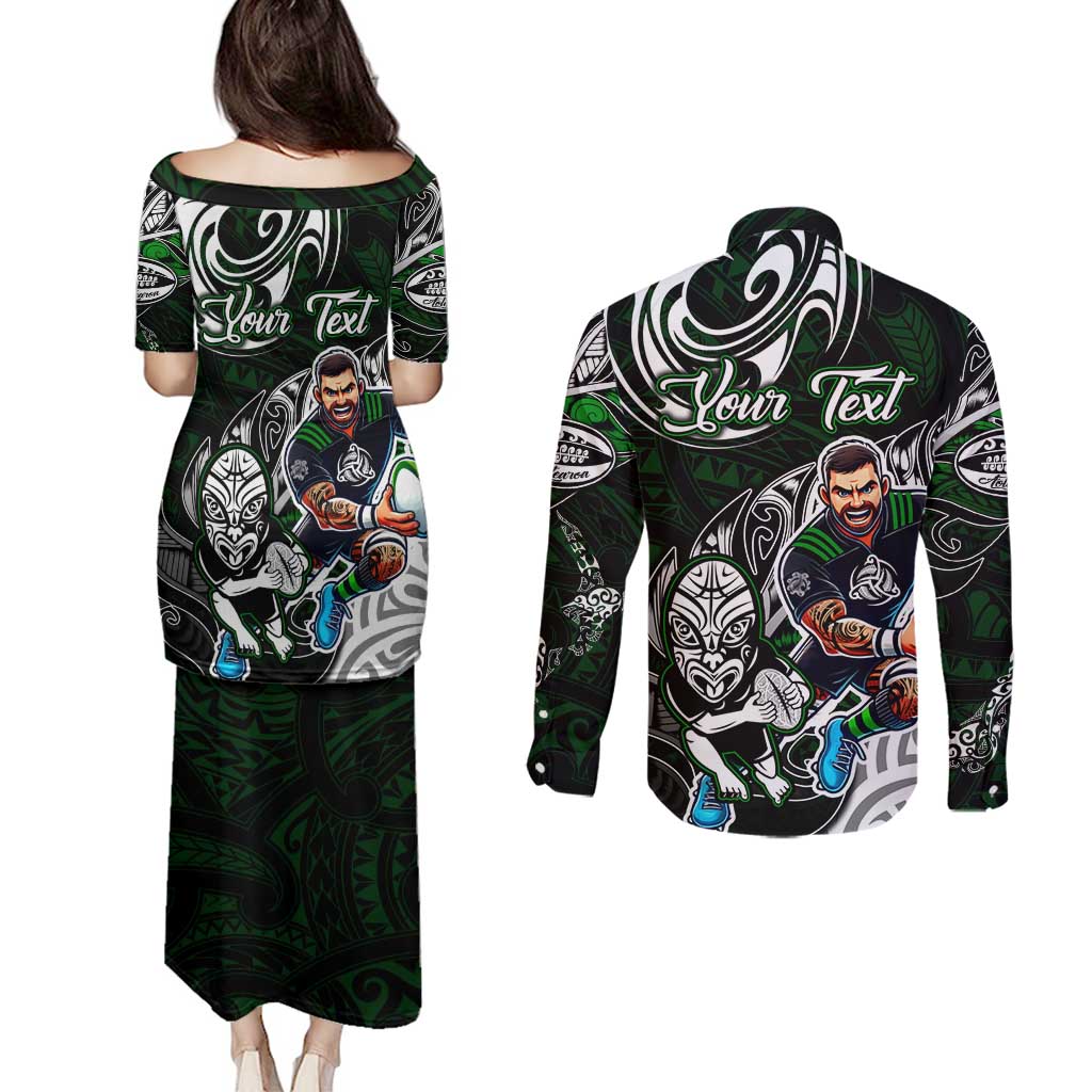 Personalized NZ Aotearoa Rugby Couples Matching Puletasi and Long Sleeve Button Shirt New Zealand Silver Fern