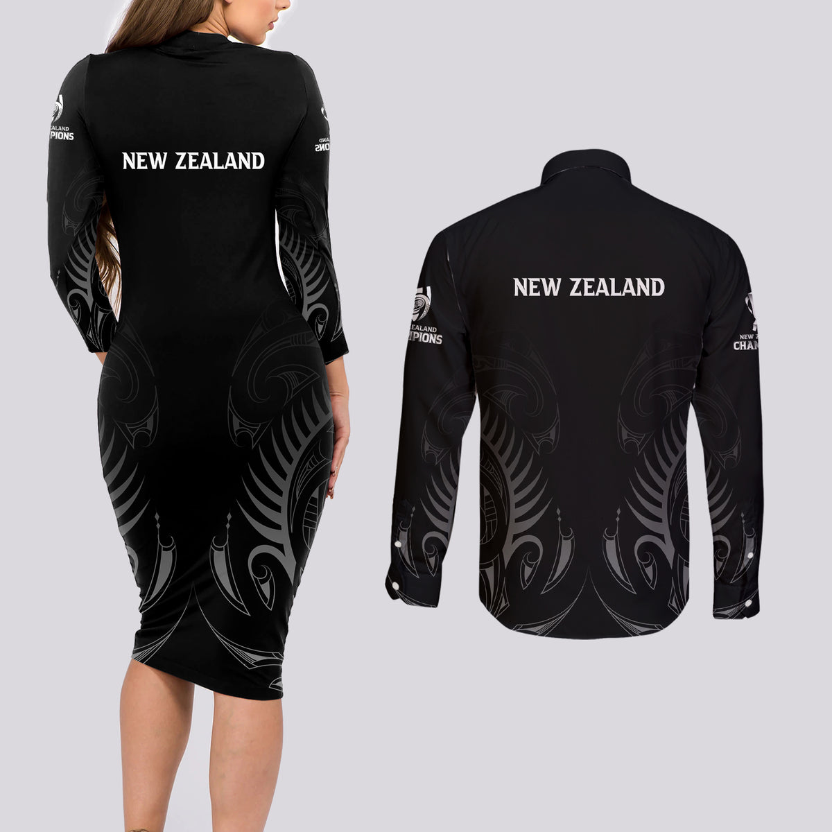 New Zealand Couples Matching Long Sleeve Bodycon Dress and Long Sleeve Button Shirt Rugby 2023 Champions Black DT02 - Polynesian Pride