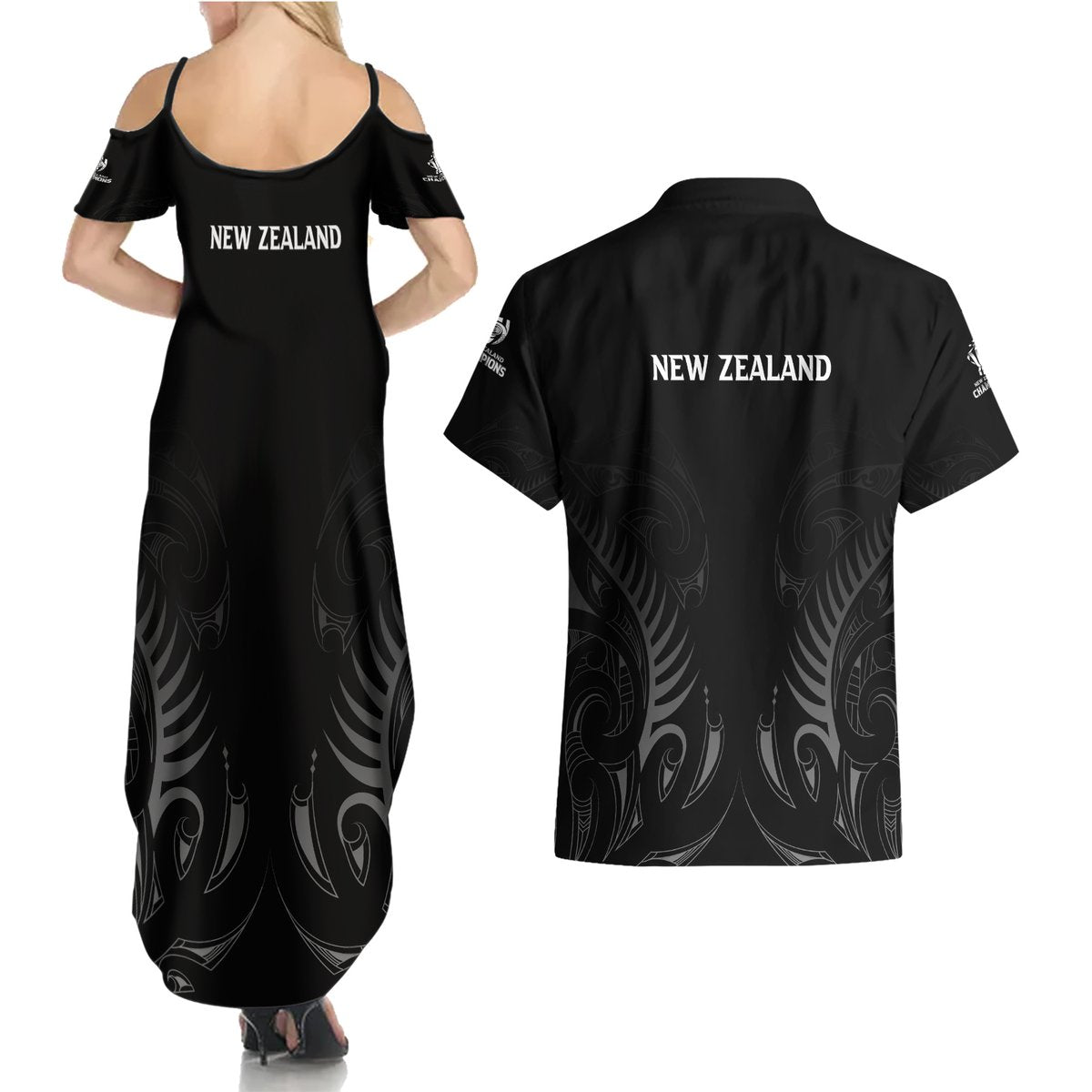 New Zealand Couples Matching Summer Maxi Dress and Hawaiian Shirt Rugby 2023 Champions Black DT02 - Polynesian Pride