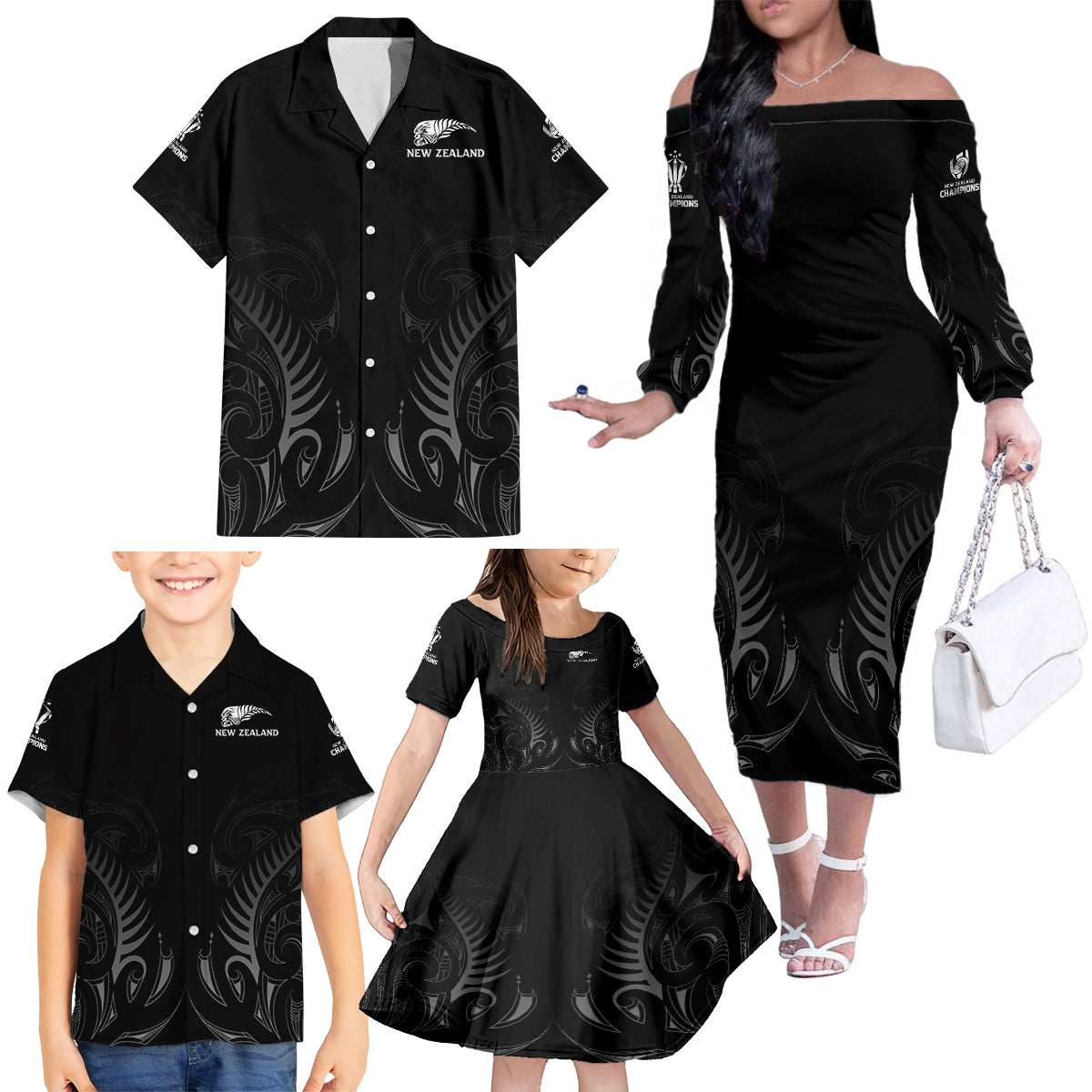 New Zealand Family Matching Off Shoulder Long Sleeve Dress and Hawaiian Shirt Rugby 2023 Champions Black DT02 - Polynesian Pride